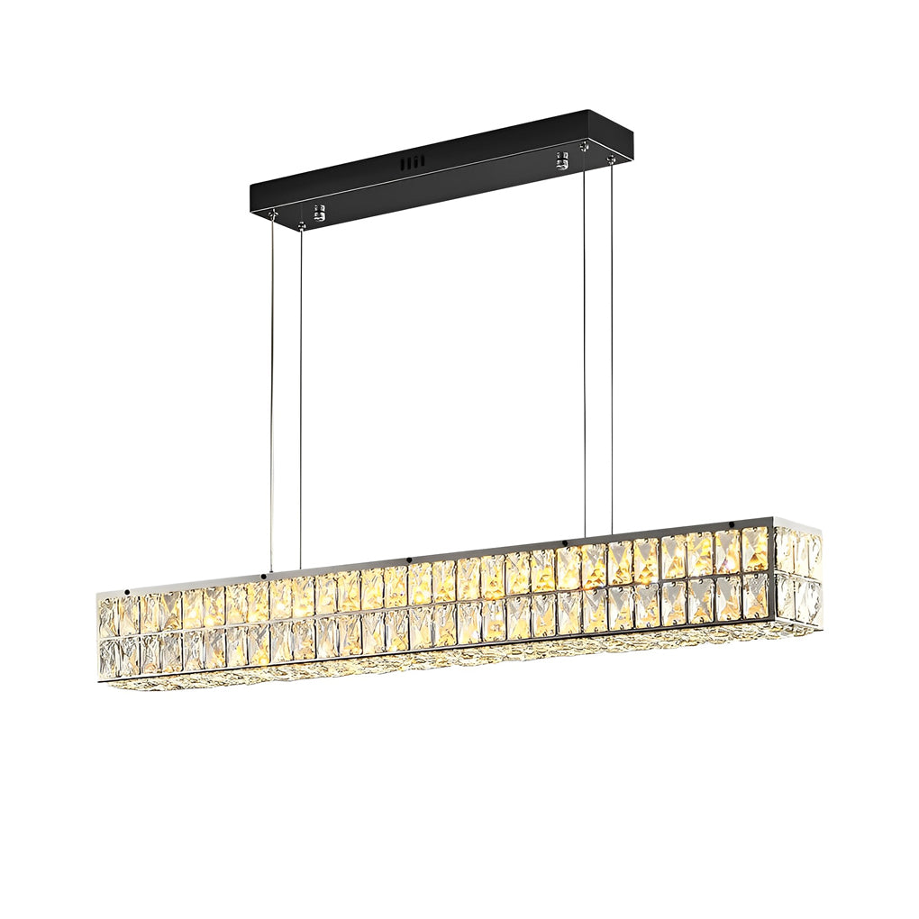 Linear crystal light with a double-tier design, hanging elegantly in a modern interior.