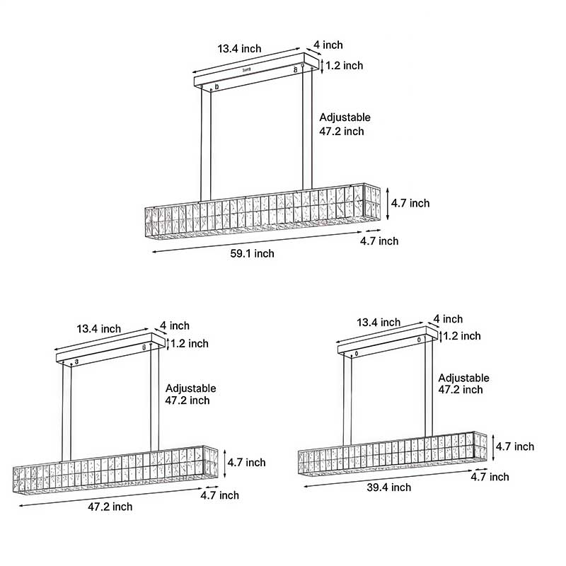 Line drawing of linear crystal light dimensions, providing installation specifications.
