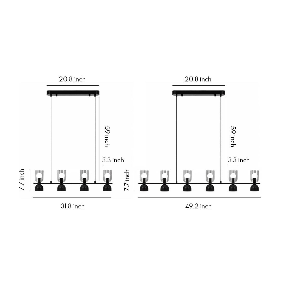 Sleek linear glass pendant chandelier diagram showcasing modern multi-light layout and sizing details.