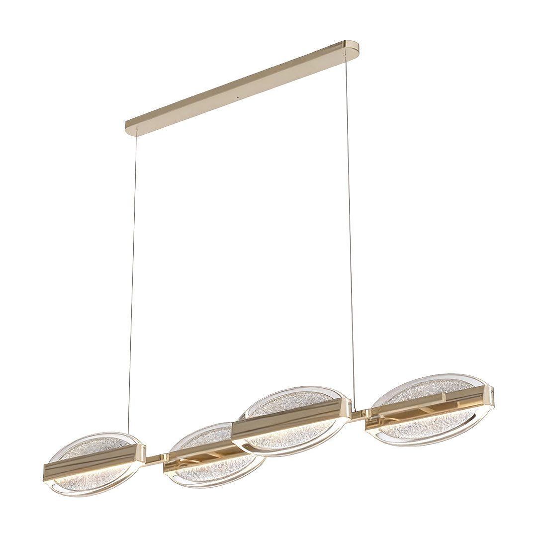 Linear gold chandelier modern with horizontal bar arrangement of textured crystal glass panels in brass