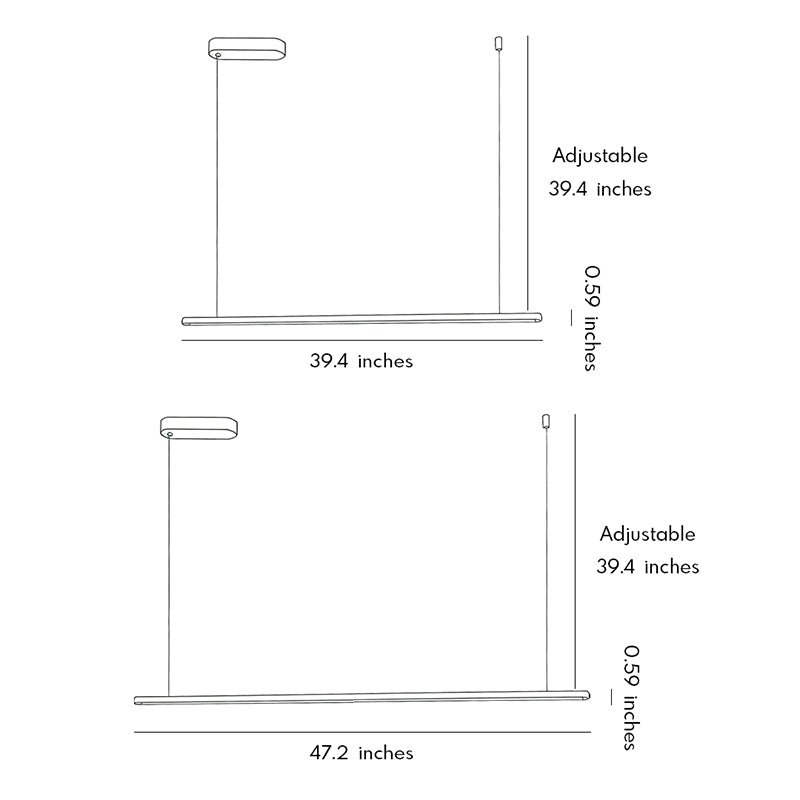 Dimension drawing of linear gold pendant light showing adjustable hanging height measurements.