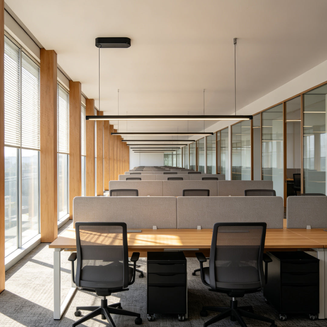 Linear gold pendant lights installed in a modern collaborative office interior.