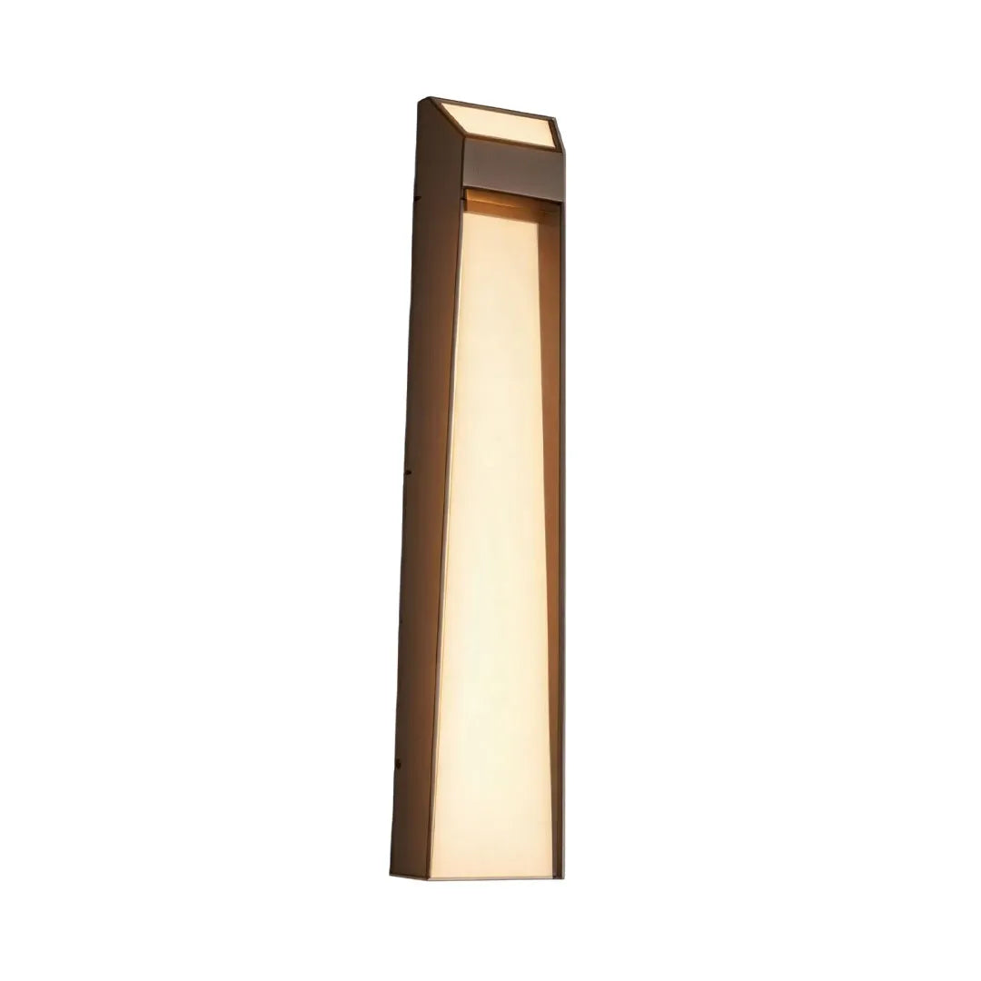 Linear LED outdoor wall mount lighting with a slim gold frame and contemporary appearance.