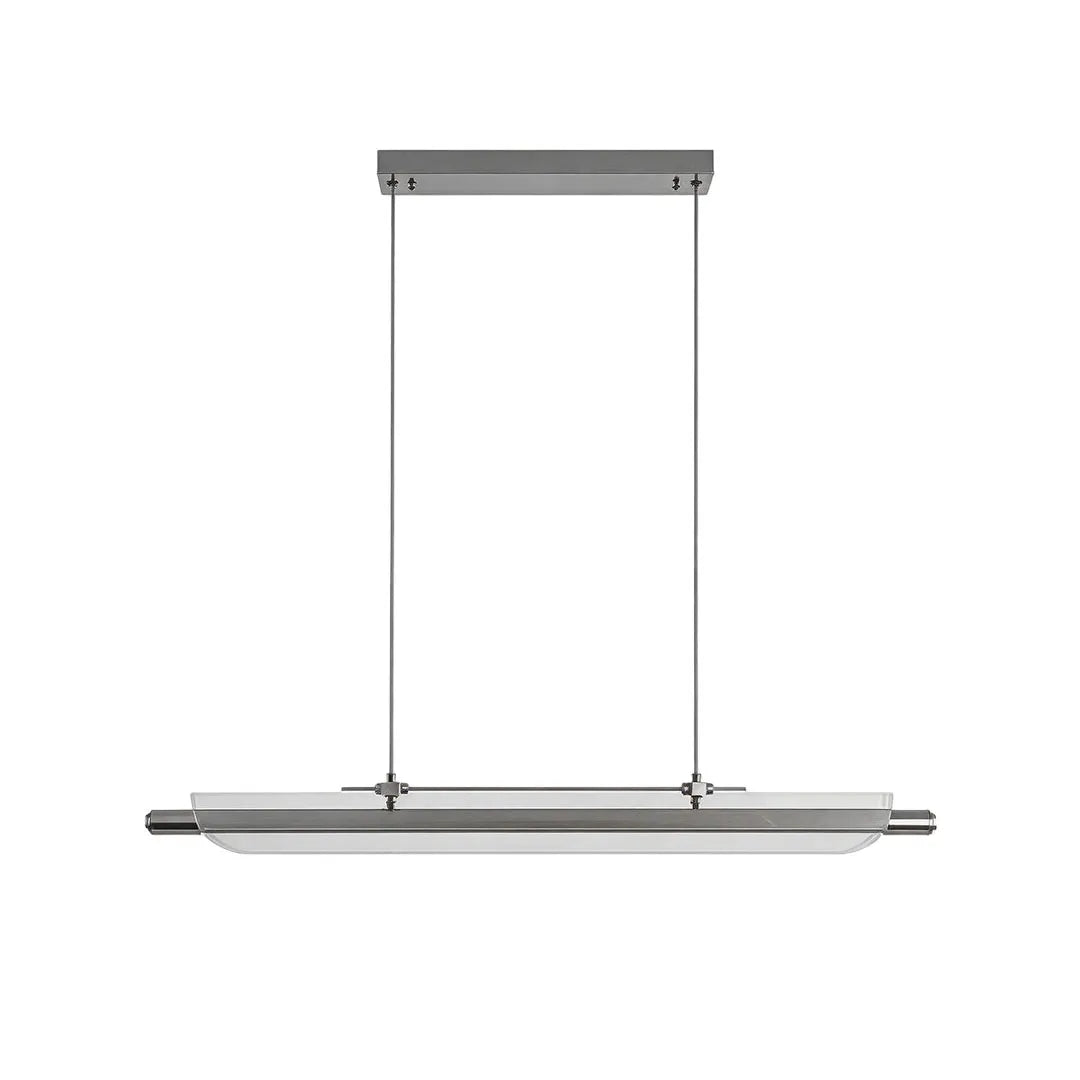 Modern linear LED pendant light with a slim horizontal body and adjustable suspension cables.