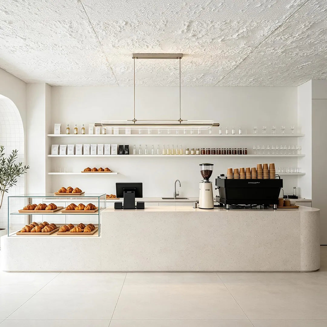 Linear LED pendant light installed above a minimalist bakery counter with open display shelves.