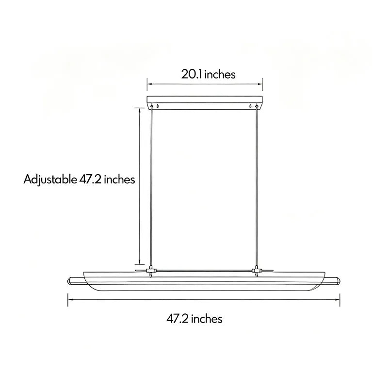 Linear LED pendant light dimension diagram showing a 47.2-inch body and adjustable hanging height.