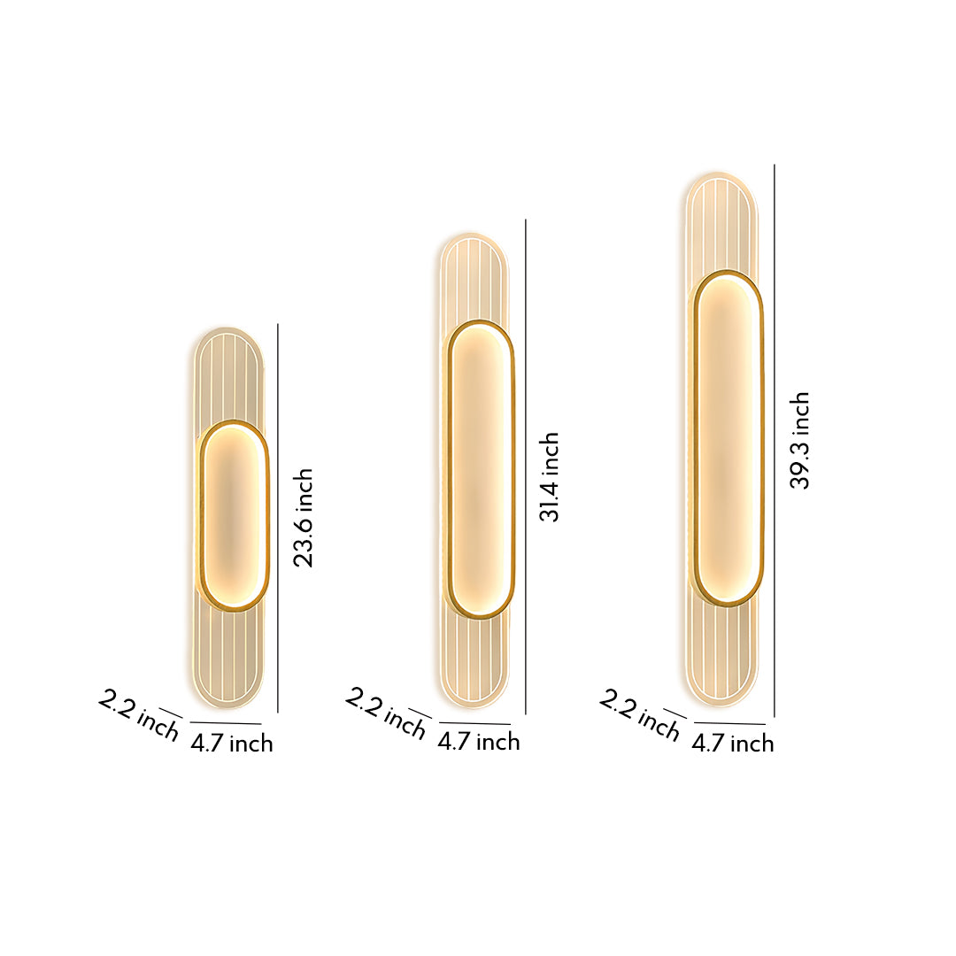 Linear led wall light collection showing three sizes with oval gold frames and vertical ribbed accent details