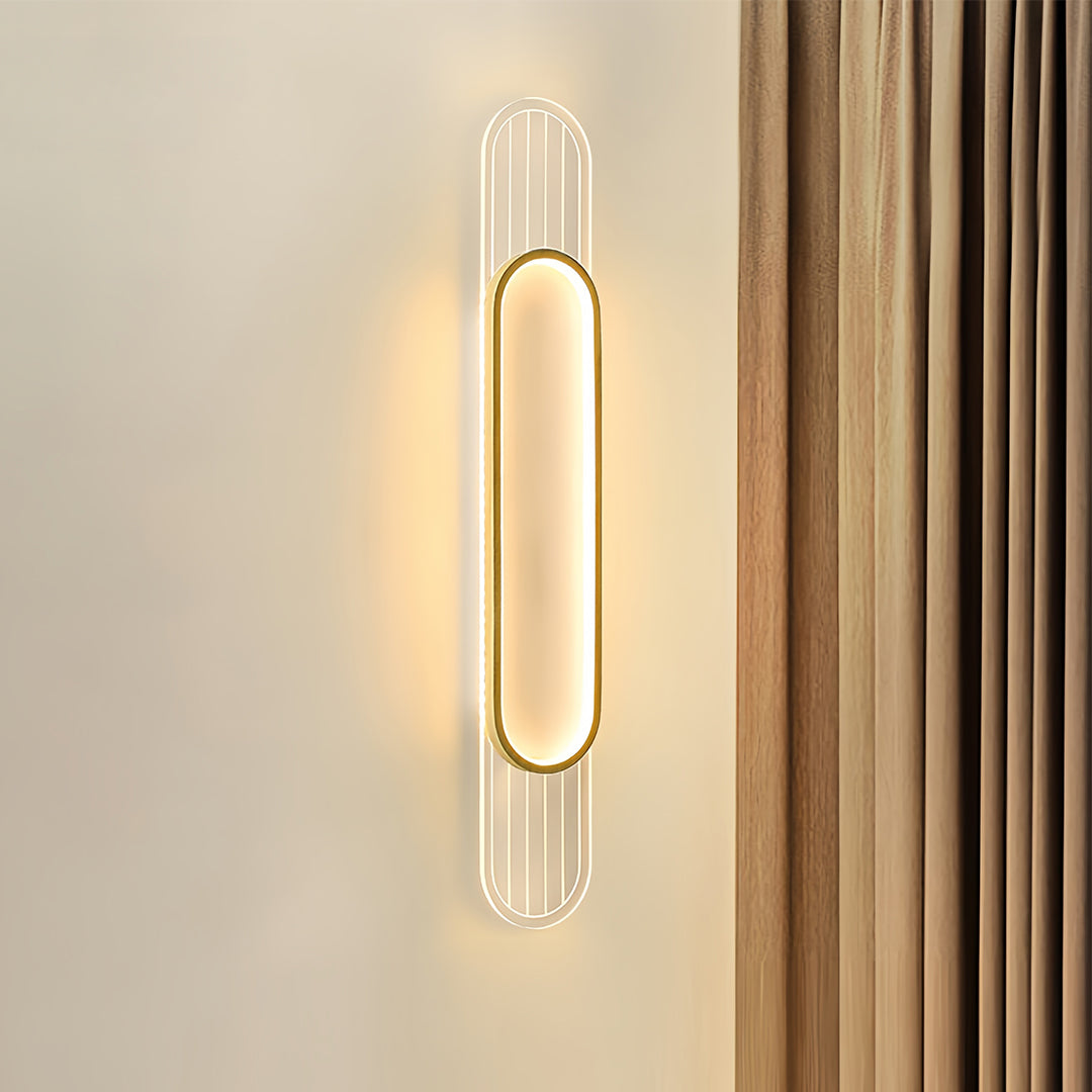 Linear led wall light mounted beside curtains providing soft illumination in contemporary bedroom with warm tones