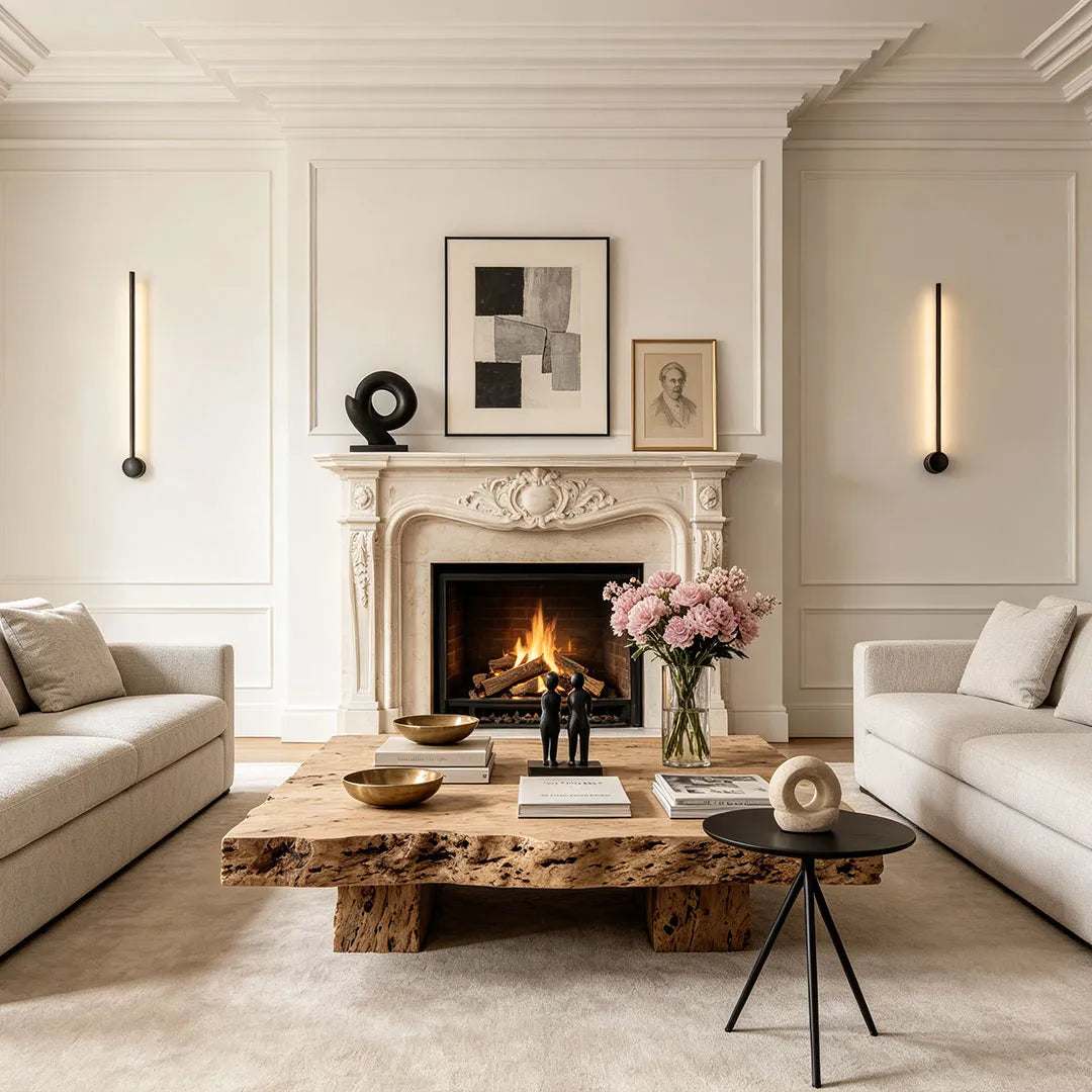 Linear LED wall lights installed on both sides of a fireplace in an elegant neutral living room.