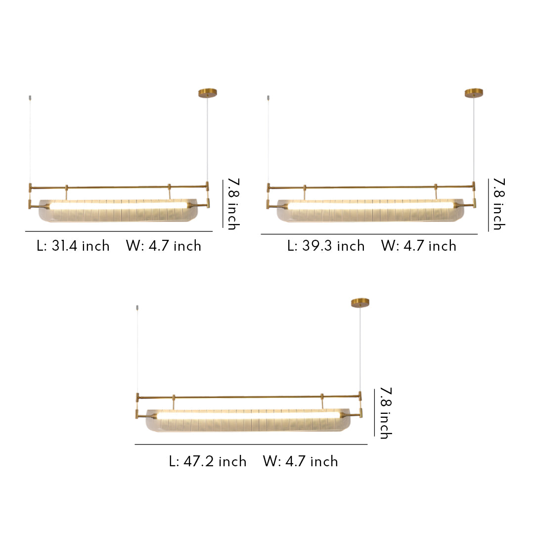 Linear light pendant technical drawing showing dimensions and measurements for two-tone design with white background