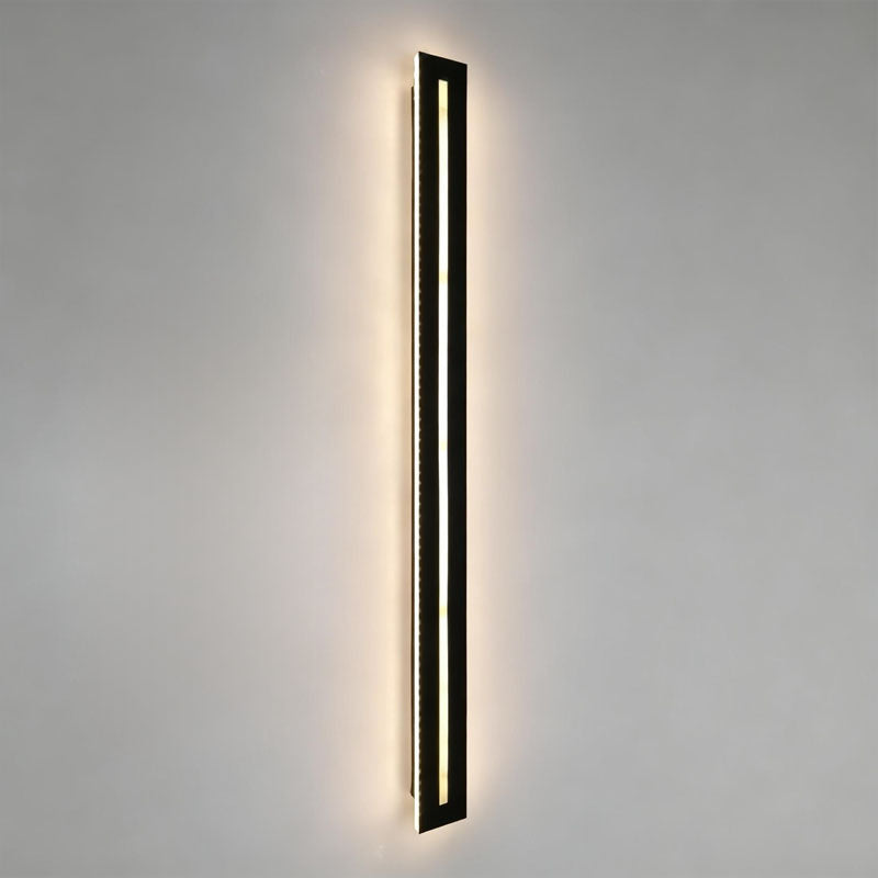 Side angle of linear long black wall sconces showing slim profile design.