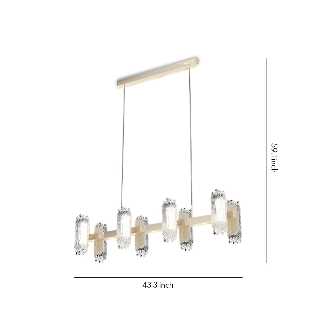 Linear metal modern chandelier featuring rectangular frame with crystal cube pendants in brushed brass finish