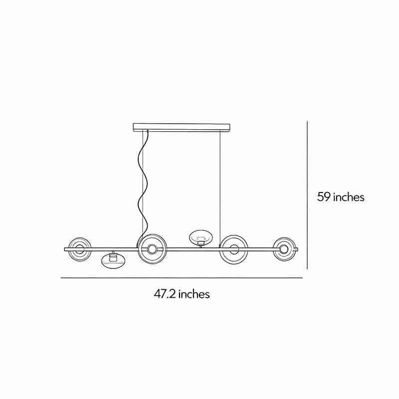 Dimension diagram of linear modern chandelier showing overall length and adjustable hanging height.