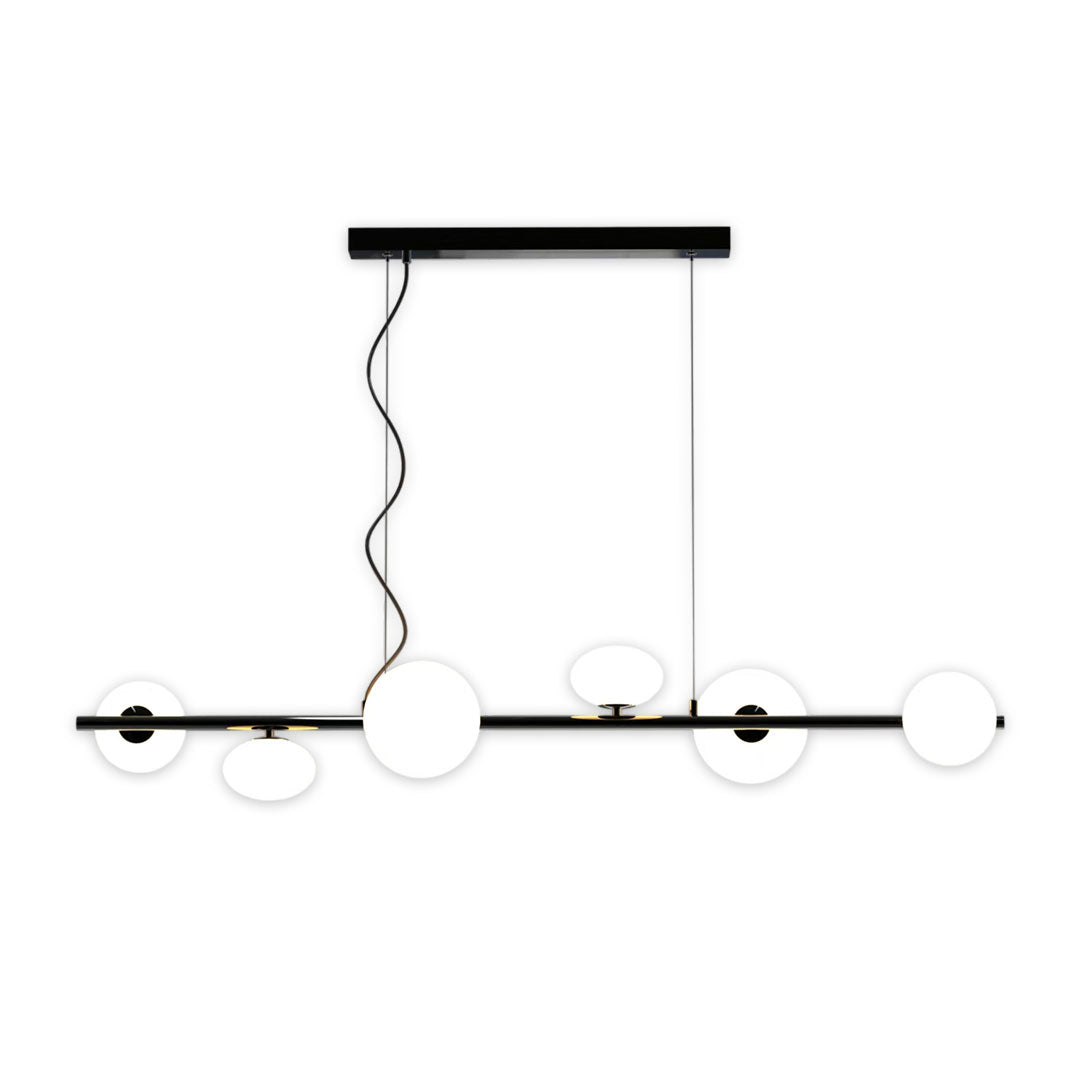 Linear modern chandelier variant with evenly spaced round light fixtures along a slim horizontal bar.