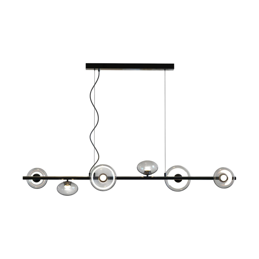 Linear modern chandelier with multiple circular glass lights displayed on a white background.