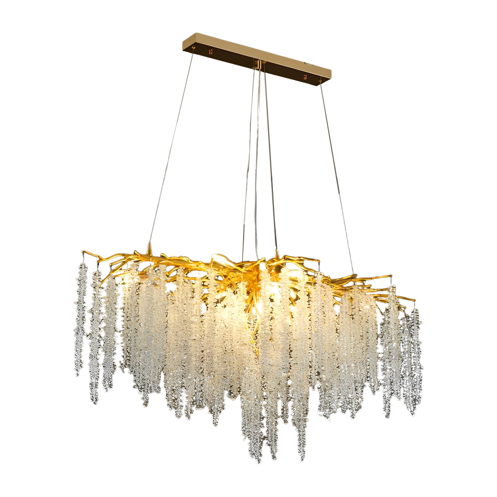 Linear modern gold crystal chandelier on white background, perfect for stylish dining rooms.