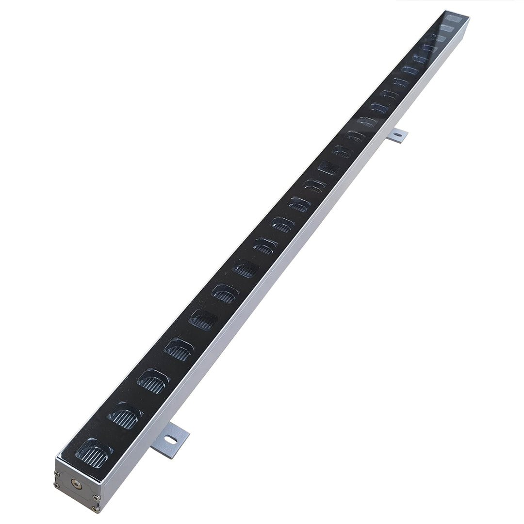 Linear outdoor LED wall wash lighting fixture with sleek black housing and professional architectural design