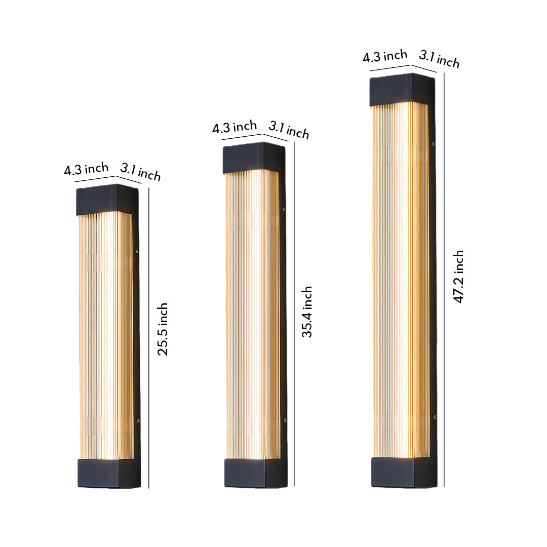 Dimension chart for the linear outdoor sconce, showing three available sizes: 23.6, 35.4, and 47.2 inches.