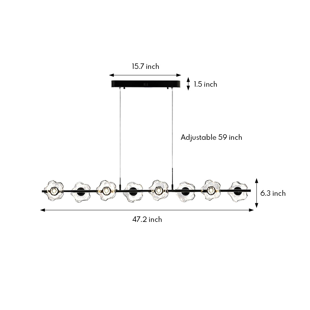 Technical specification drawing of linear pendant chandelier showing measurements and glass bulb placement along horizontal bar