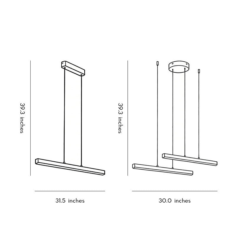 Linear pendant light fixture dimension drawing with installation measurements.