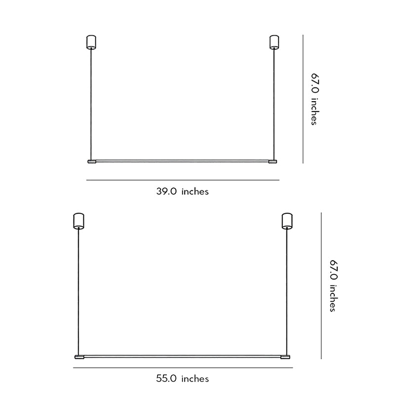 Size chart for linear pendant light fixture with adjustable 67 inch height and 39-55 inch width.