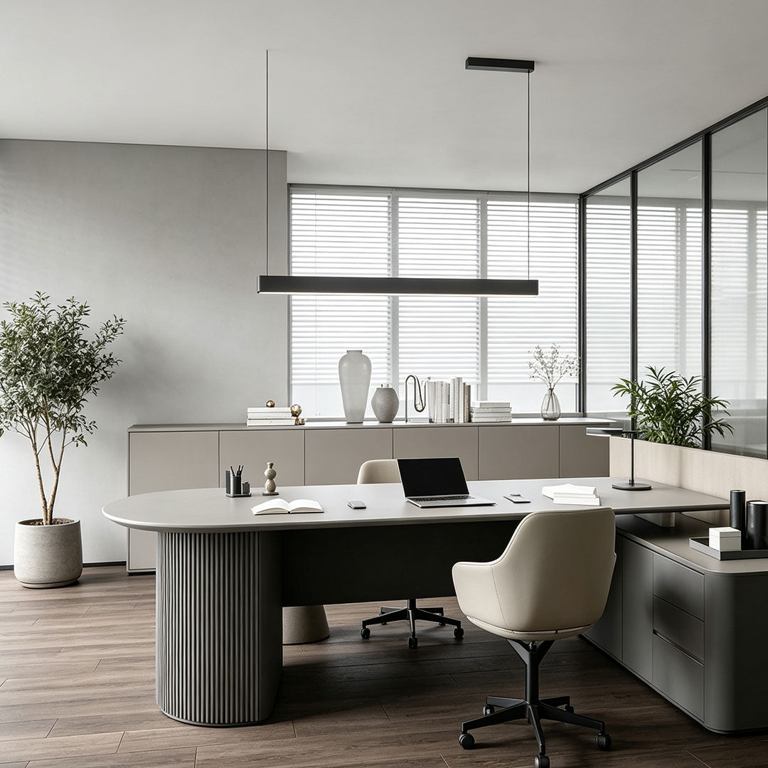 Dimension drawing of linear pendant light fixtures showing adjustable hanging height options.
