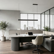 Dimension drawing of linear pendant light fixtures showing adjustable hanging height options.