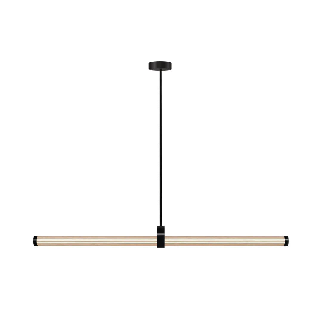 Black linear pendant lights with a slim horizontal tube and single downrod suspension.