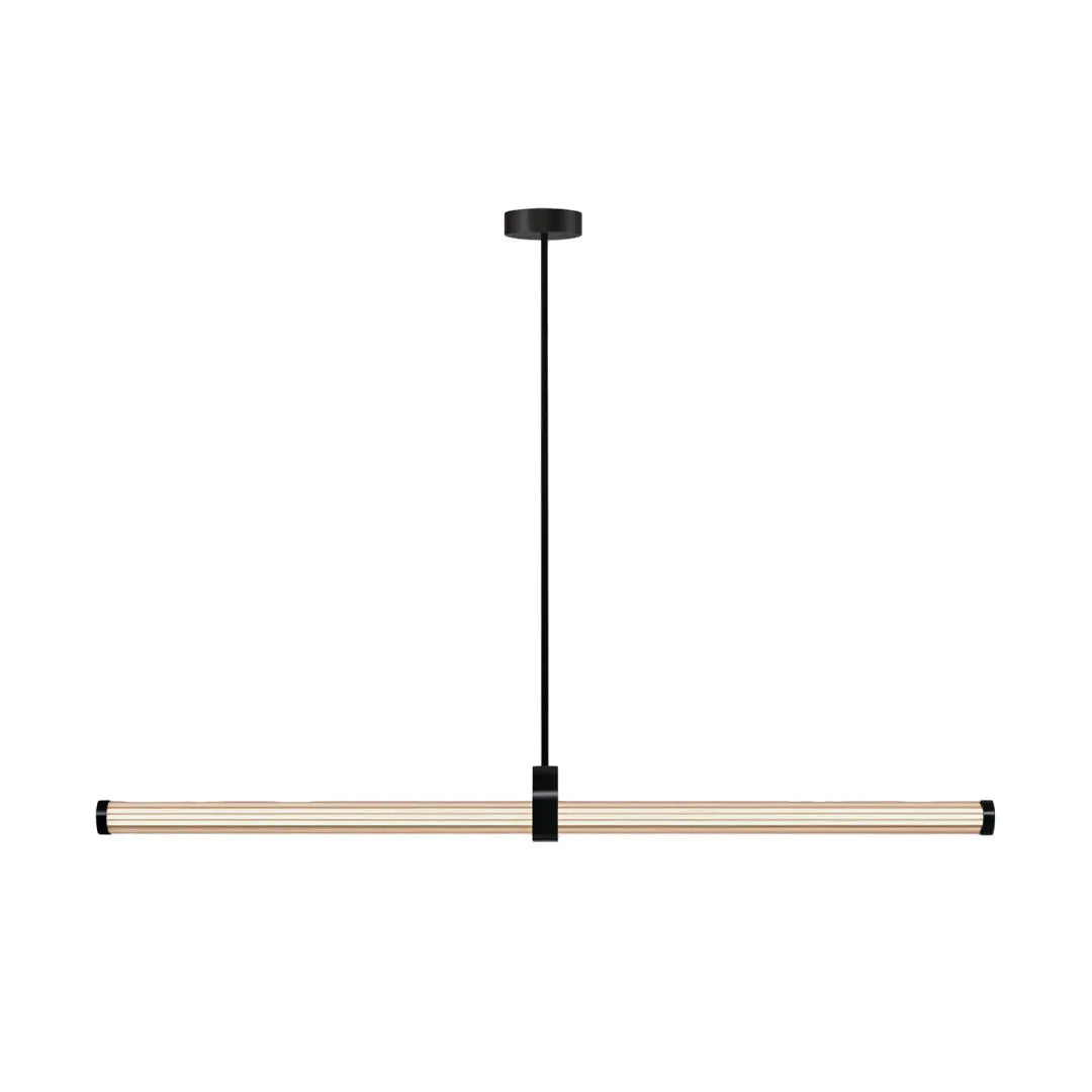 Modern linear pendant lights with a black frame and warm integrated LED tube.