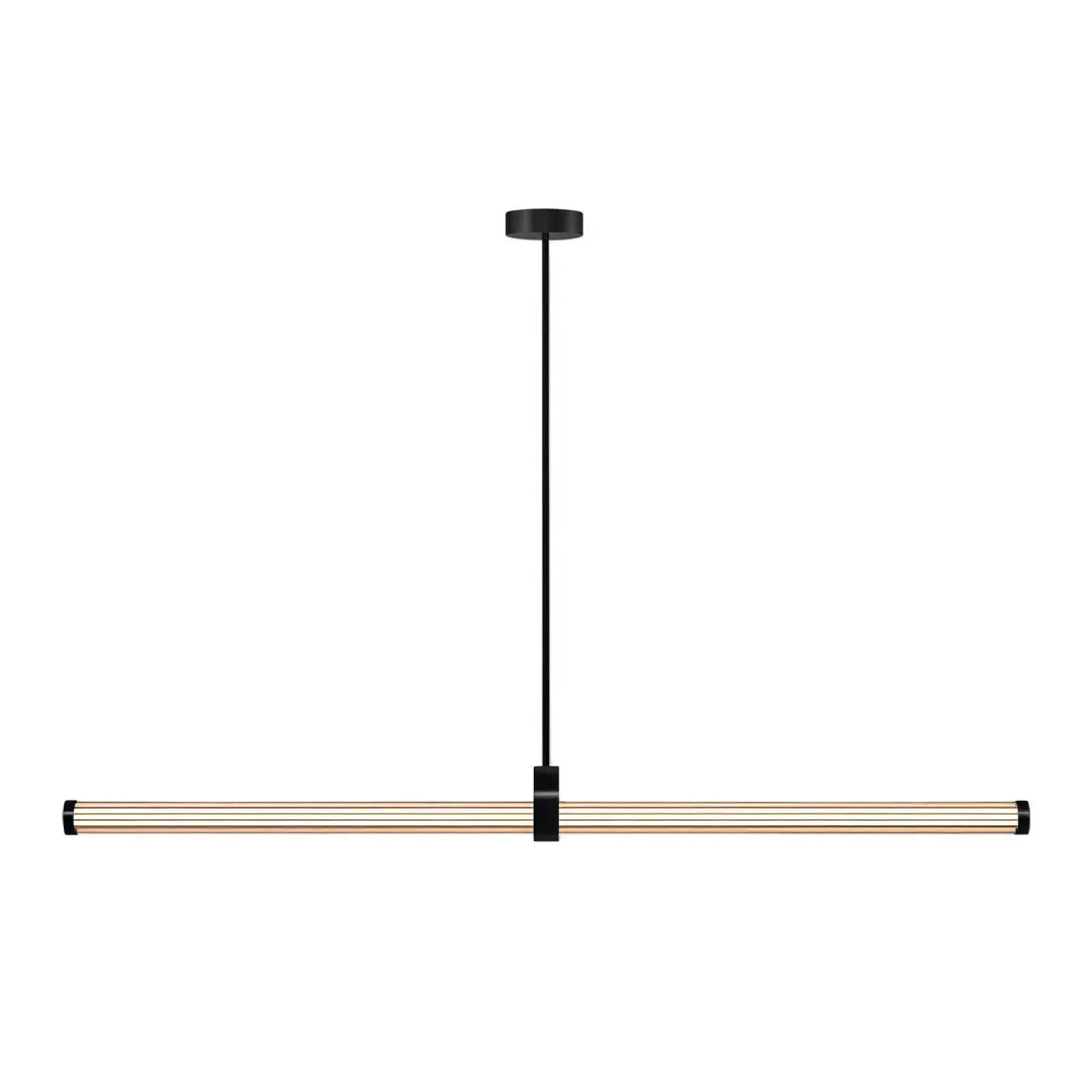 Long linear pendant lights with a slim black structure and warm glowing tube design.