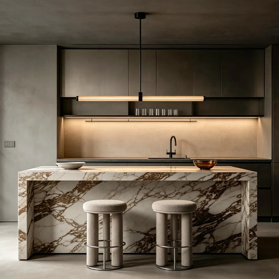 Linear pendant lights above a marble kitchen island in a dark modern interior.