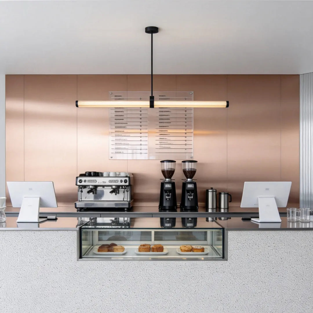 Linear pendant lights above a modern coffee shop counter with a warm copper backdrop.