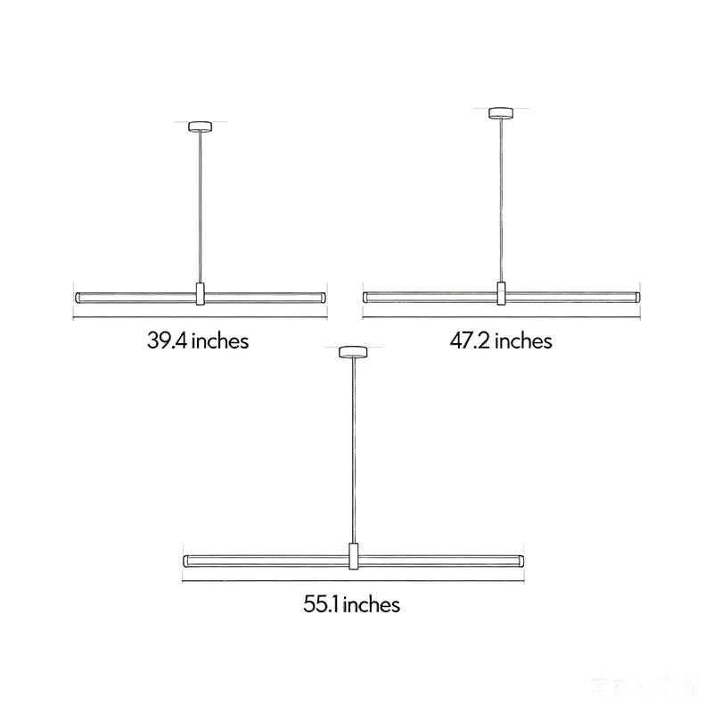 Linear pendant lights size diagram showing 39.4-inch, 47.2-inch, and 55.1-inch options.