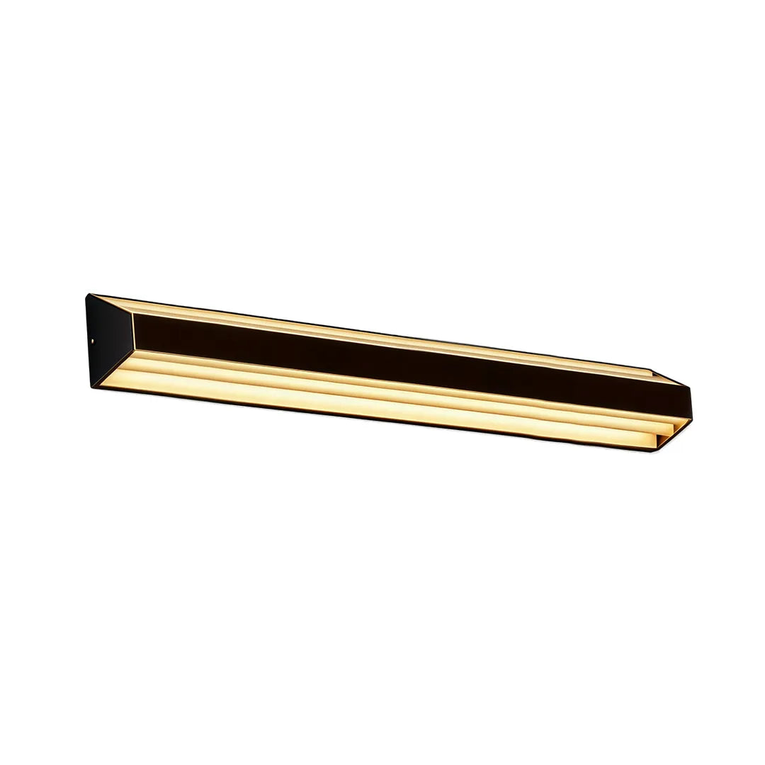 Linear solar wall light with black metal frame and warm LED lighting