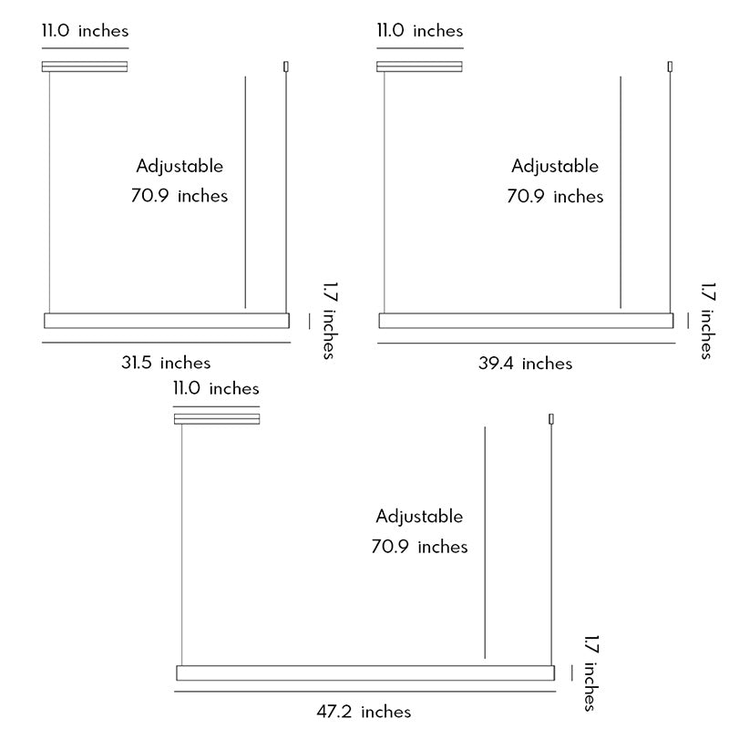 Dimension drawing of linear suspension light showing adjustable hanging height options.