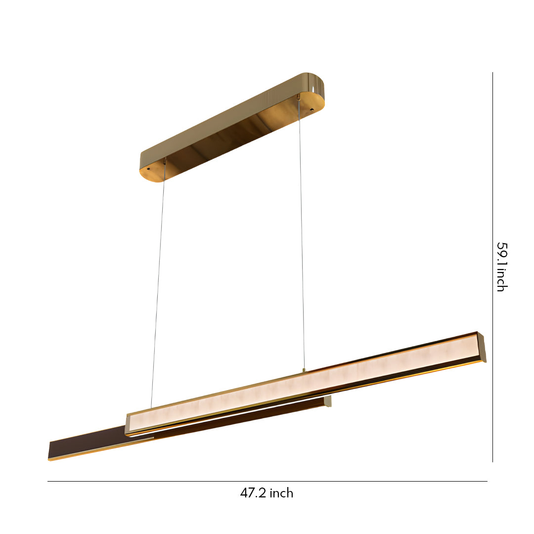 Modern gold linear suspension light with slim bar design and adjustable hanging wires.