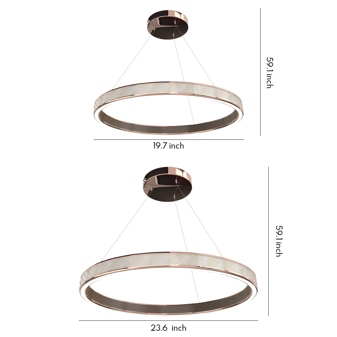 Modern linear suspension light fixtures with circular layered rings in a clean contemporary style.
