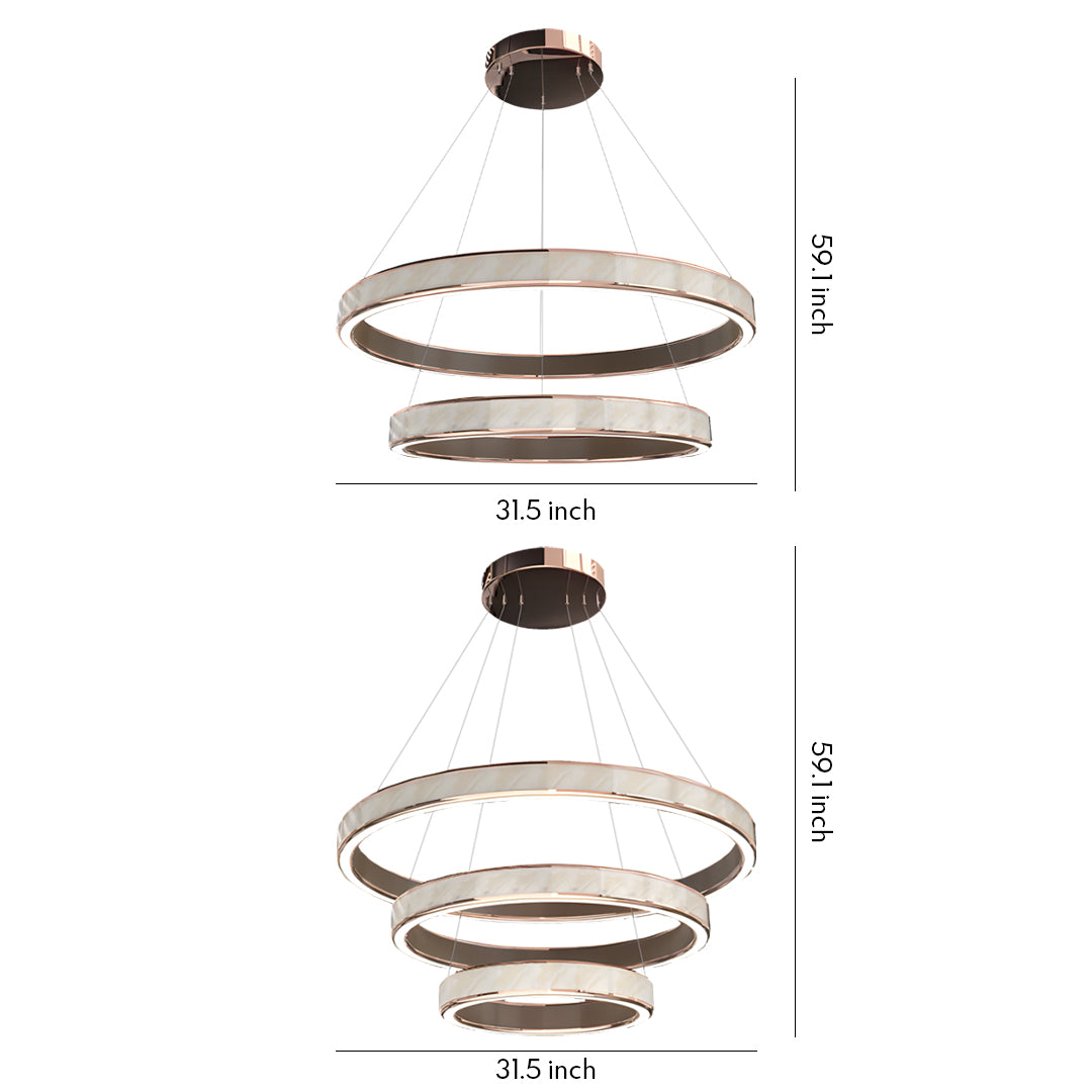 Three-tier linear suspension light fixtures featuring modern metal rings with soft ambient lighting.