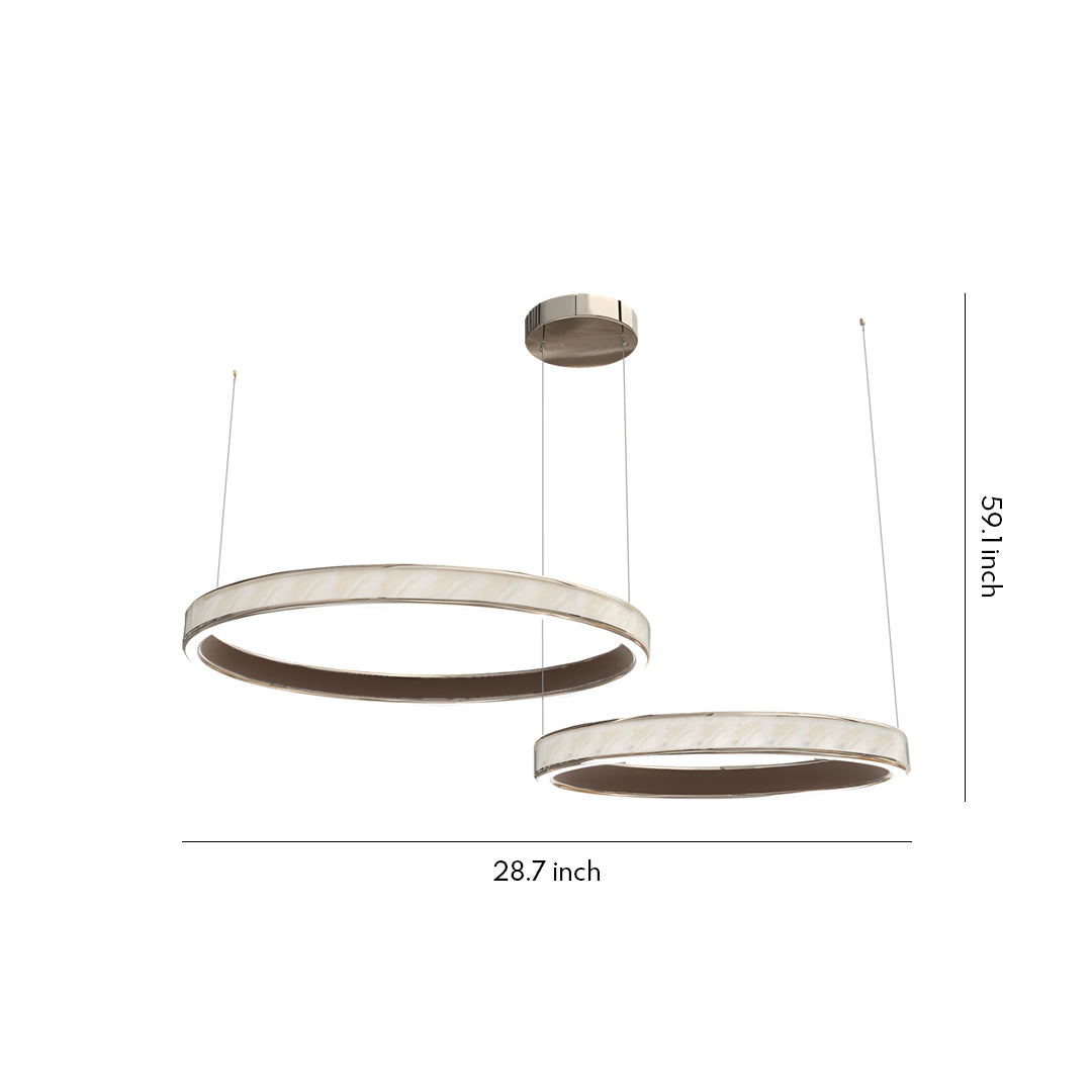 Minimalist linear suspension light fixtures with two offset circular rings for a modern interior look.