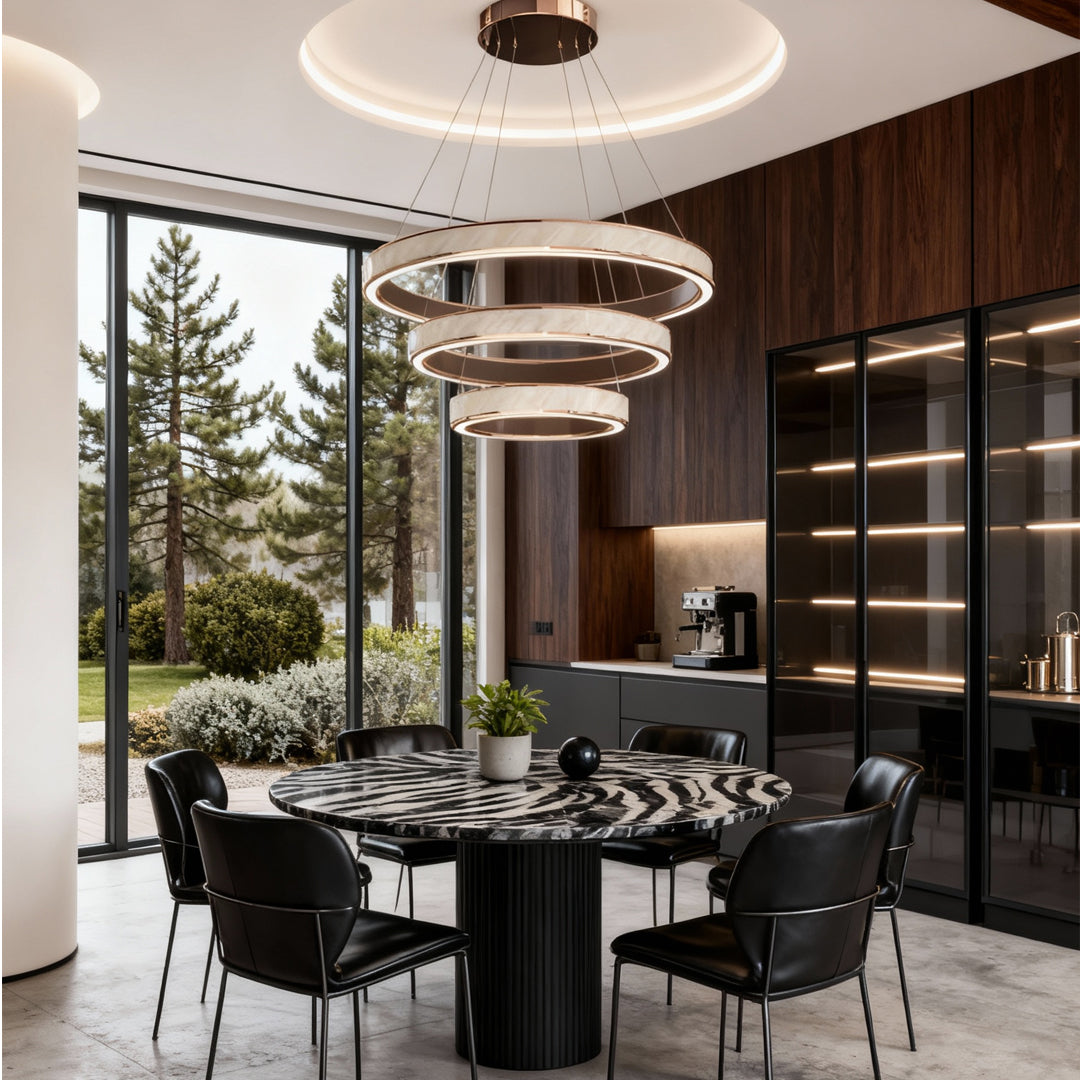 Sophisticated dining area with multi-layer linear suspension light fixtures in a modern luxury style.