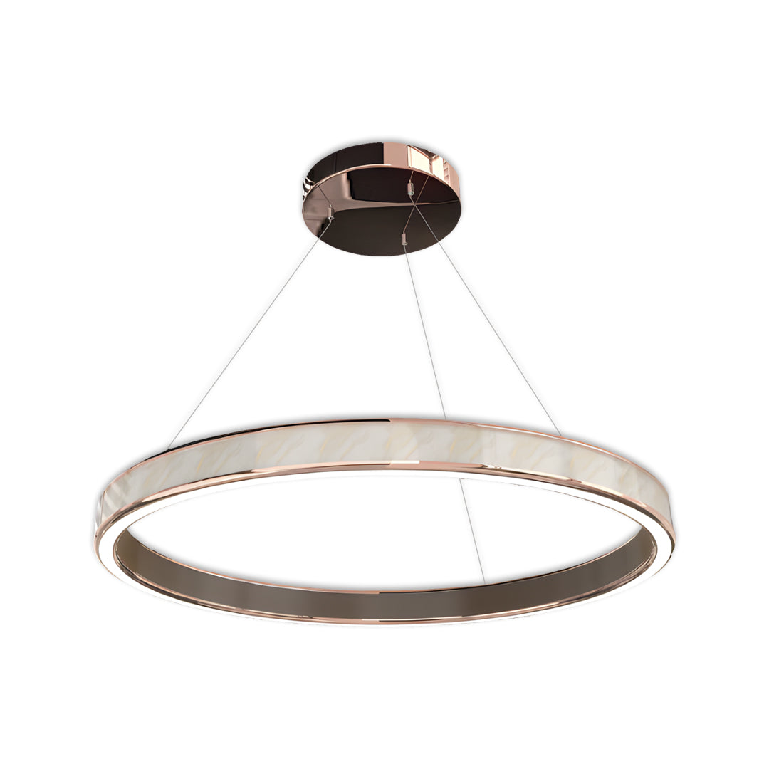 Sleek circular linear suspension light fixtures offering soft and even illumination.