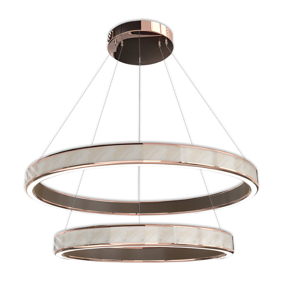 Luxurious three-tier linear suspension light fixtures with layered glowing rings.
