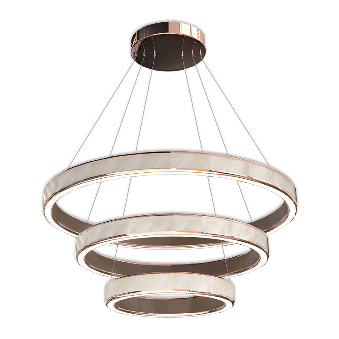 Elegant multi-ring linear suspension light fixtures suspended with fine cables for a refined look.