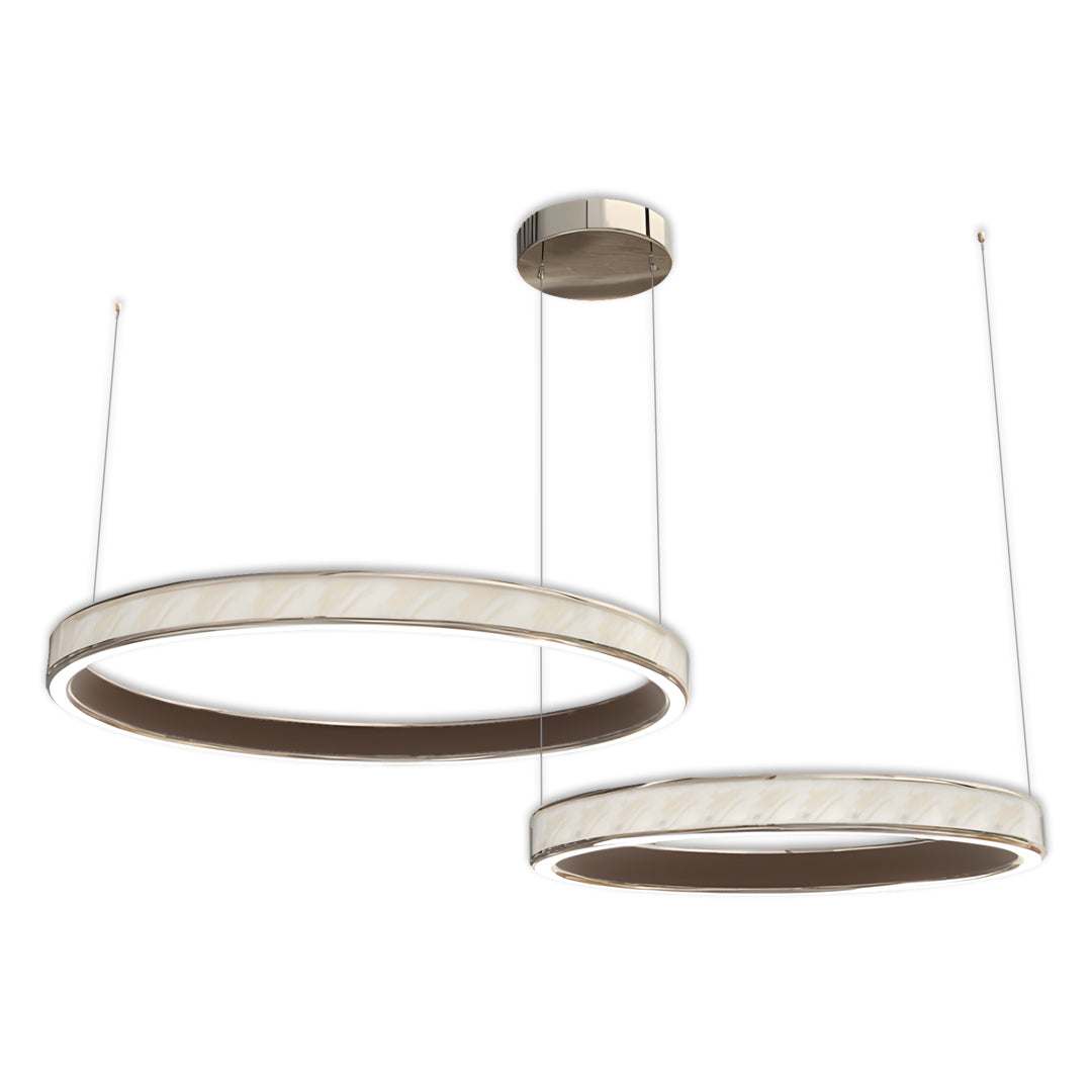 Asymmetrical linear suspension light fixtures featuring two modern illuminated rings.