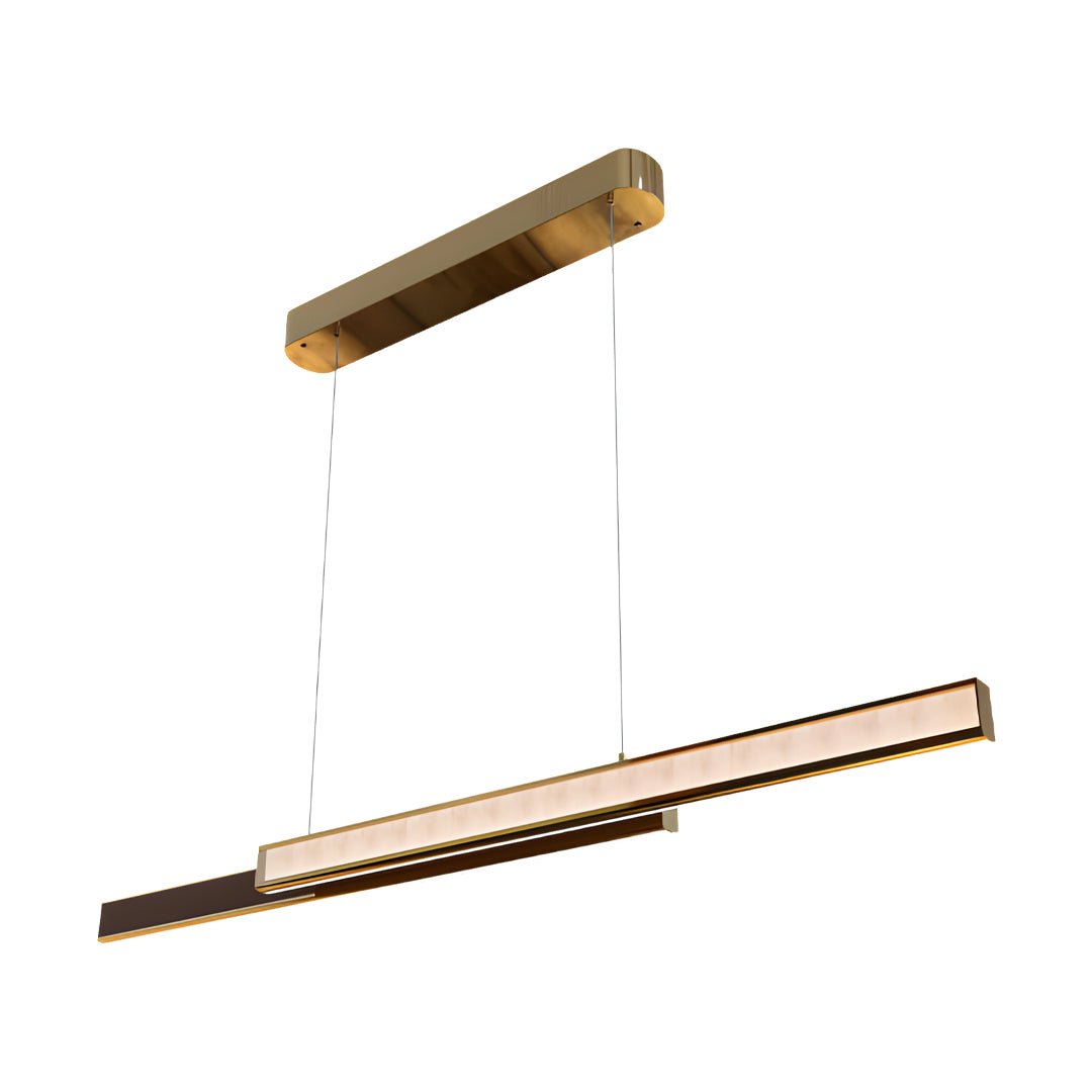 Contemporary gold linear pendant light fixture with double-layer bar design and adjustable cables.