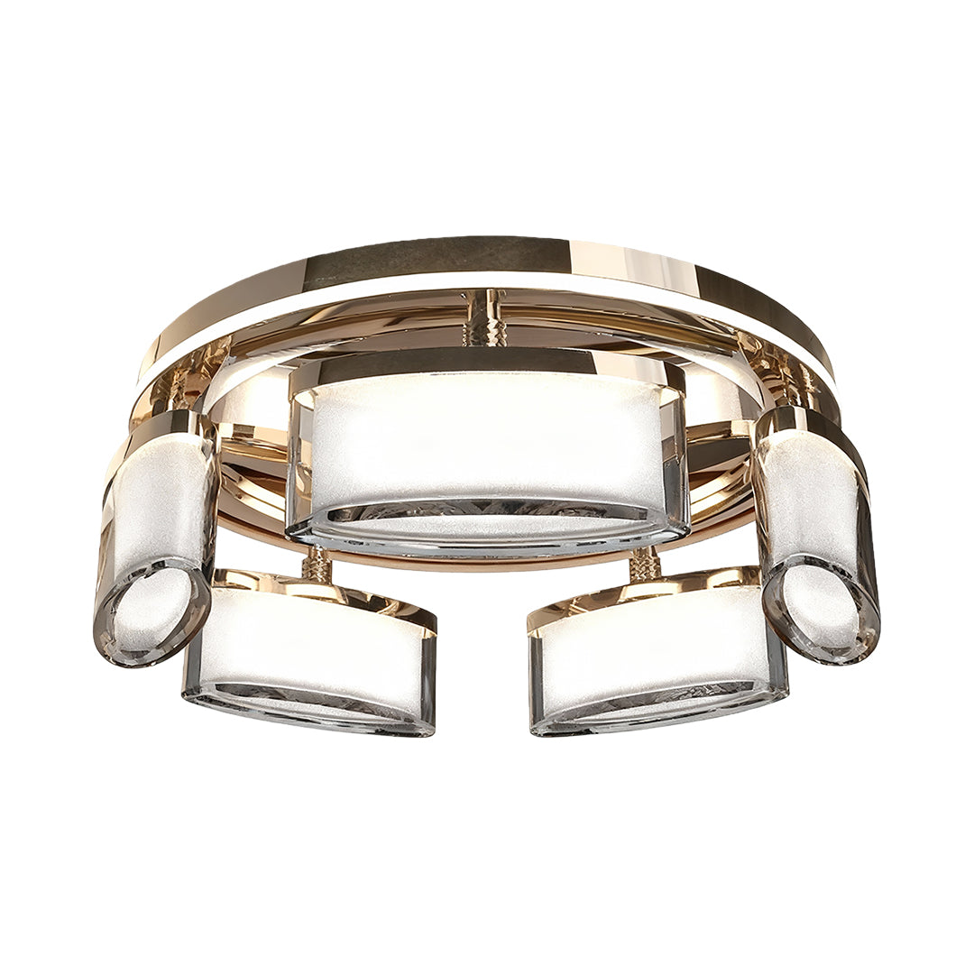 Linear suspension lighting with circular frame featuring rectangular crystal glass segments in polished brass tone