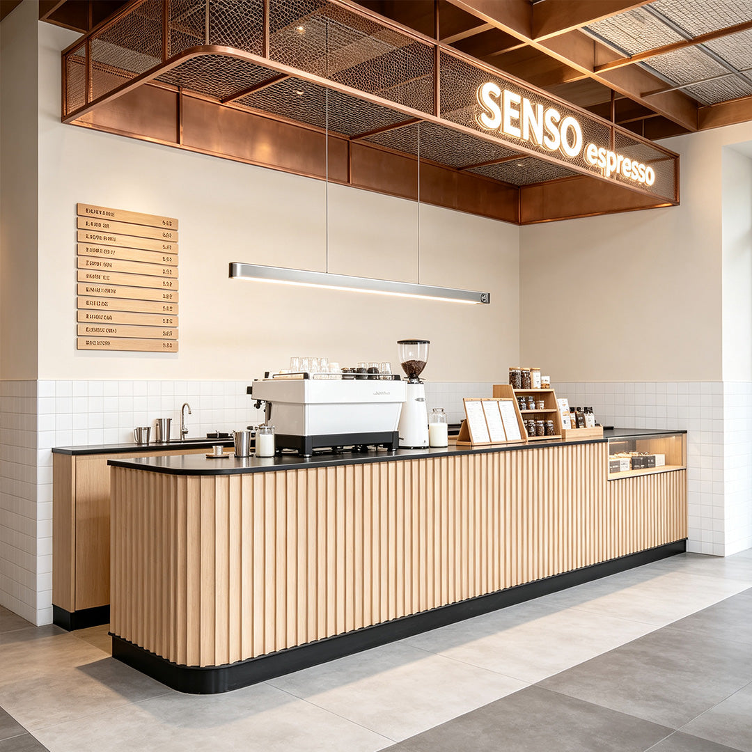 Elegant linear suspension lighting fixtures featured above a modern café counter with warm ambient lighting.