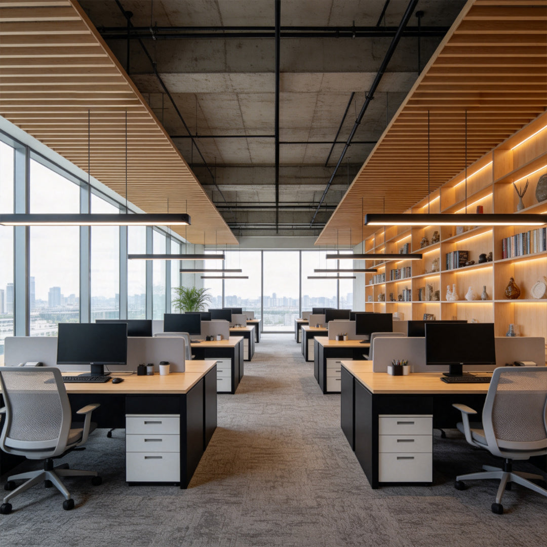 Minimalist linear suspension lighting fixtures installed in a spacious coworking office environment.