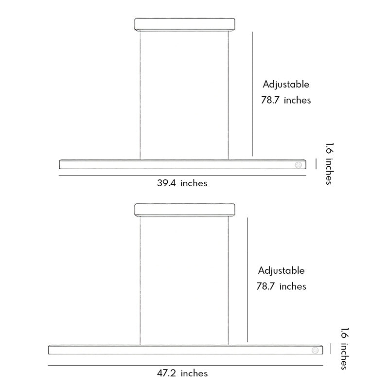 Dimension drawing of linear suspension lighting fixtures showing adjustable hanging height and size options.
