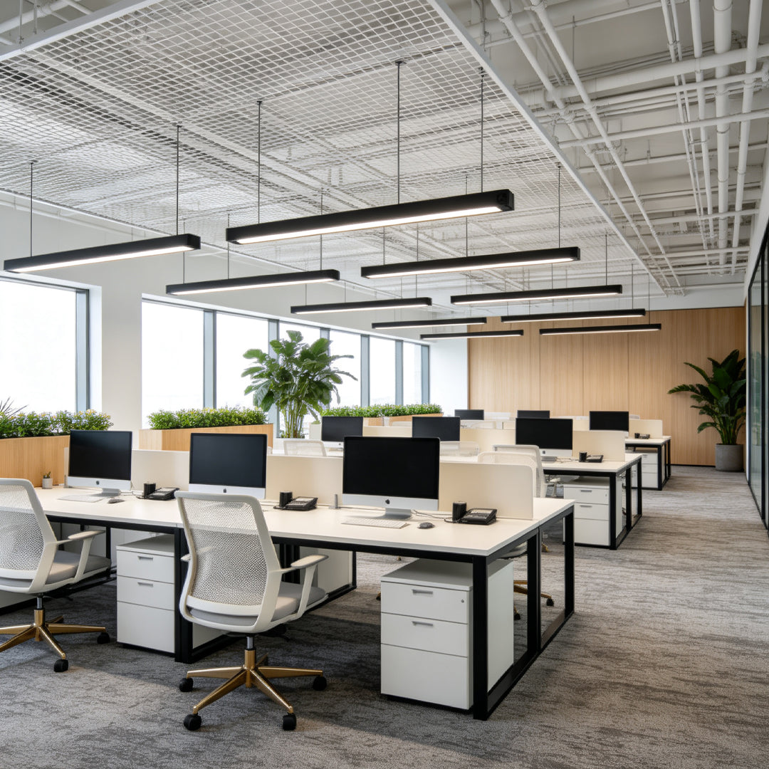 Black linear suspension lighting fixtures arranged across an open-plan office with industrial ceiling design.